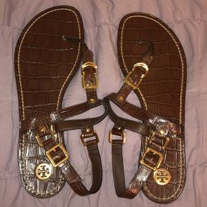 Tory Burch Leather T- Strap Buckle Sandals